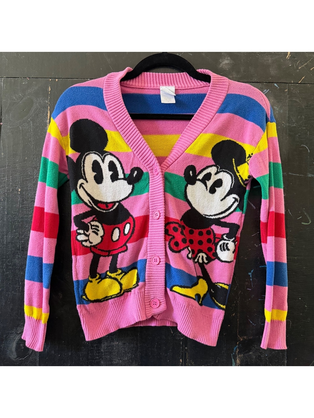 Disney 100 Mickey Minnie Rainbow Stripe Cardigan Sweater Pink Size Small